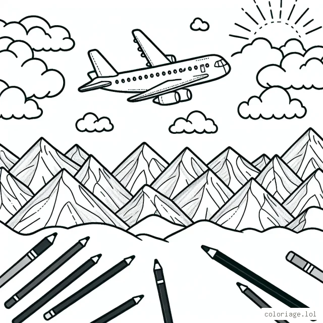 Dessin d'un paysage aérien avec un avion passager survolant les montagnes