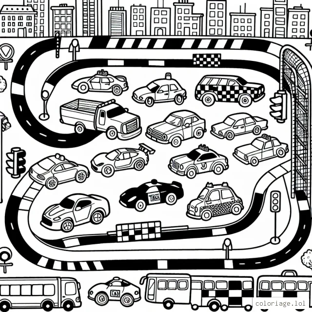 Imagine et dessine un circuit automobile animé avec des voitures de toutes sortes : voiture de sport, camion, voiture de police, taxi et un bus. N'oublie pas d'inclure des détails comme les feux de signalisation, les arrêts de bus, les piétons, les bâtiments et bien sûr, l'excitation de la course!