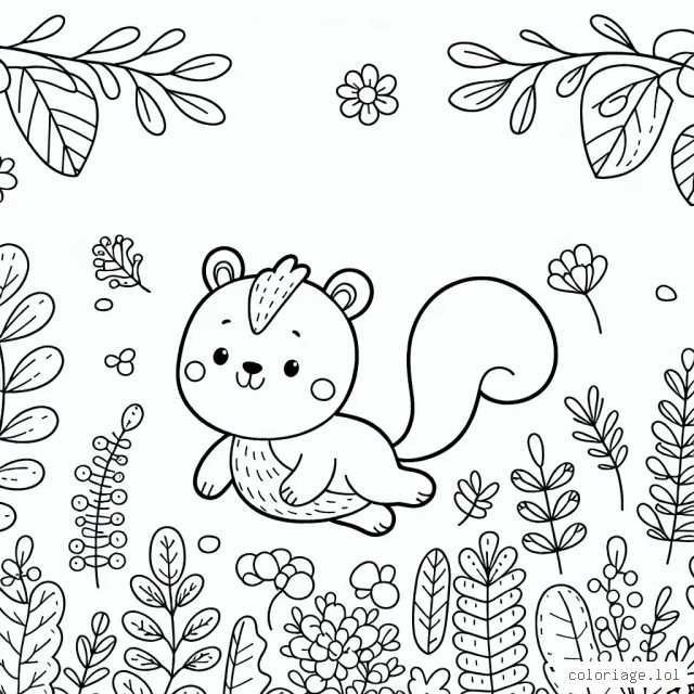 Un adorable petit écureuil sautant entre une variété de plantes automnales.