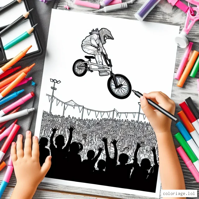 Dessine un athlète de BMX dans les airs en effectuant une figure impressionnante devant un public étonné lors d'une compétition de sports extrêmes. N'oublie pas de marquer ton travail avec des couleurs vives pour transmettre l'énergie palpitante du moment!