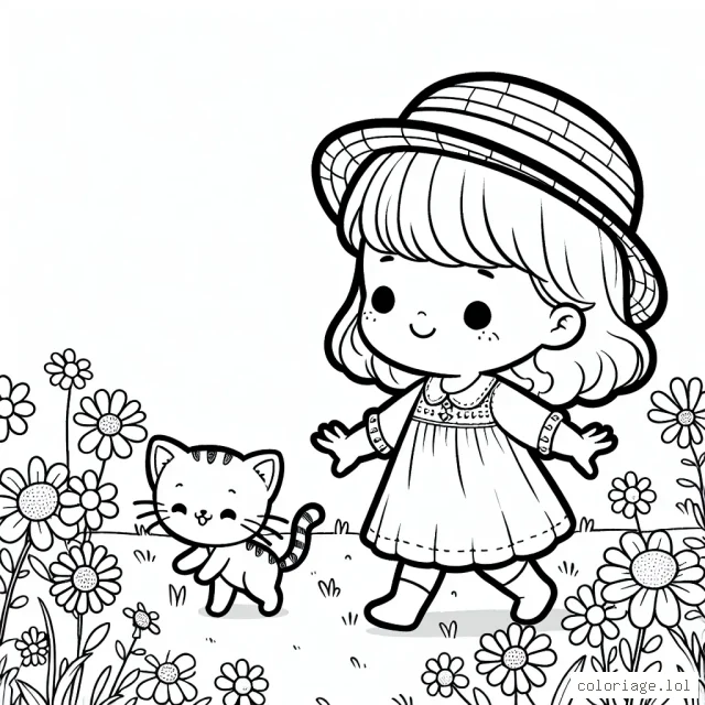 Petite fille dansant dans un champ de fleurs avec un chapeau de paille, un chaton suit derrière