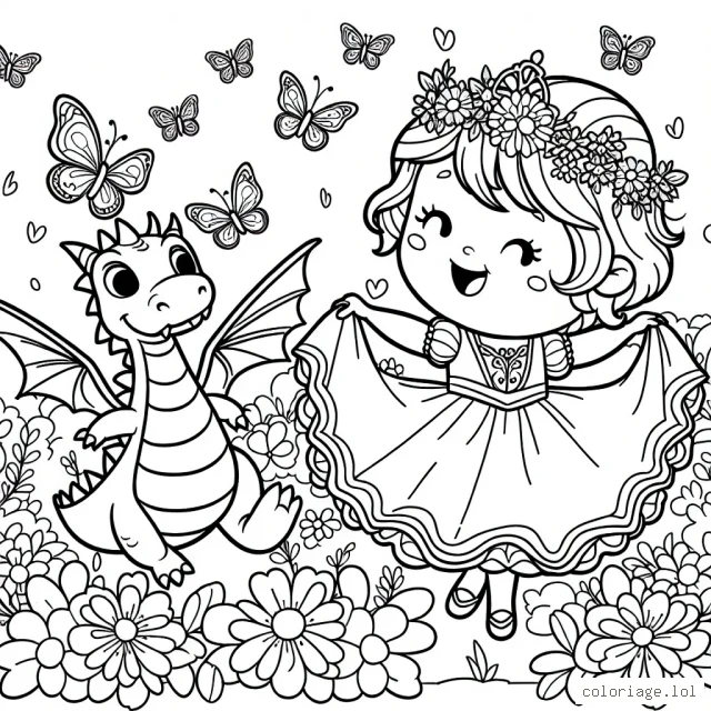 Dessine une princesse drôle dansant avec son fidèle dragon dans un jardin fleuri rempli de papillons colorés.