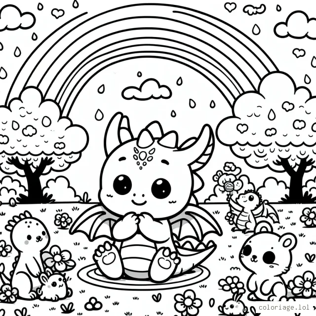 Un petit dragon jouant dans un parc avec un arc-en-ciel et des amis animaux