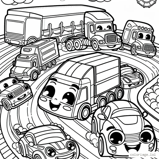 Une course de voitures pour enfants avec différentes formes et tailles de voitures, de camions et de semi-remorques. Les voitures devraient avoir des expressions faciales pour leur donner un aspect plus amusant et dynamique.