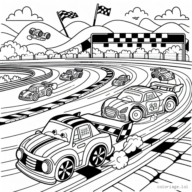 Dessine une joyeuse course de voitures sur une piste animée !
