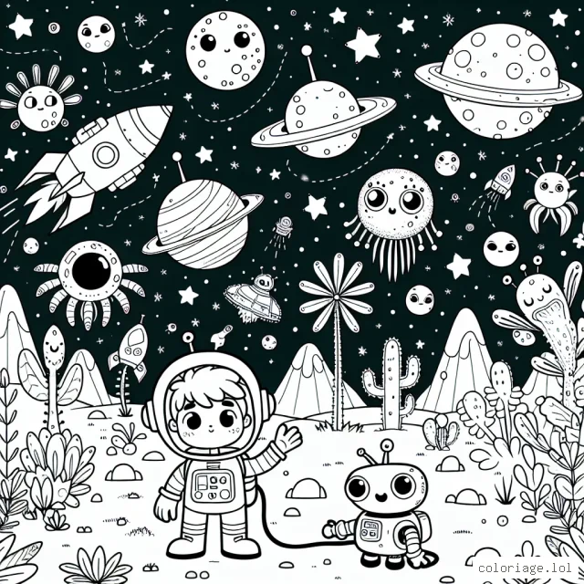 Sur une planète lointaine dans la galaxie, un petit garçon astronaute explore avec son fidèle robot compagnon. Il y a différentes créatures extraterrestres amicales, des plantes extraterrestres et même des vaisseaux spatiaux à colorier dans le paysage.