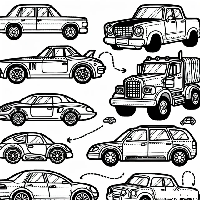 Dessiner un assortiment de voitures par marque, avec des détails spécifiques à chaque marque