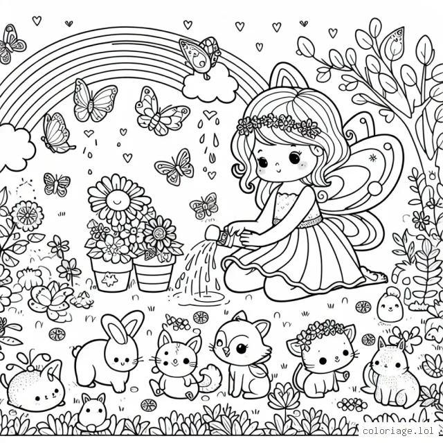 Une petite fée qui prend soin de son jardin enchanté peuplé d'animaux mignons