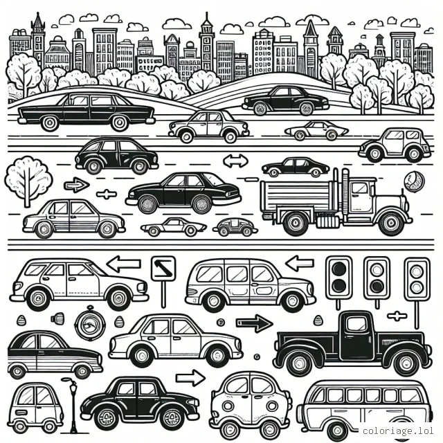 Sur cette page, il y a une variété de voitures de différentes époques et de différentes formes. Certaines voitures sont stationnées tandis que d'autres sont en mouvement. Certains arbres et bâtiments lointains sont aussi visibles en arrière-plan. Il y a aussi des panneaux de signalisation à colorier.