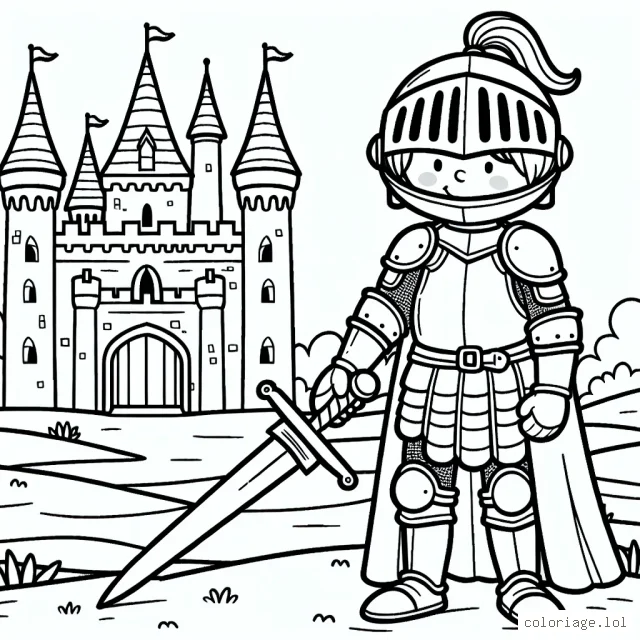 Un jeune chevalier courageux se dresse fièrement devant un imposant château médiéval, sa brillante armure étincelante sous le doux soleil d'après-midi. Il tient fermement une épée en acier massif, prêt à affronter tout ce qui se mettra sur son chemin.