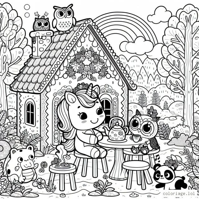Dans une charmante petite maison en pain d'épice nichée dans une forêt enchantée, une souriante licorne nommée Sparkle prend son thé avec ses amis imaginaire - un hibou appelé Wisey, une grenouille qui sait sauter très haut nommée Jumpy, et un panda farceur appelé Panda Paws. Sur la table, il y a une théière magique qui produit différents thés colorés à chaque versement. La forêt autour est dense avec des arbres aux feuilles colorées et des fleurs qui chantent de douces mélodies. Il y a même un arc-en-ciel qui apparaît parfois dans le ciel.