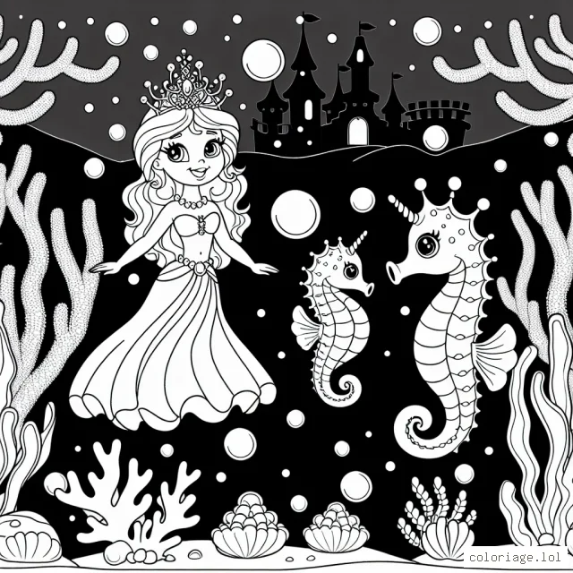 Une princesse sous-marine avec sa couronne de perles et son compagnon hippocampe dans un palais de corail illuminé de lumières bioluminescentes