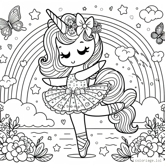 Mademoiselle Lulu, la licorne danseuse de ballet, pratique ses pas gracieux dans le magnifique jardin des rêves. Elle porte une robe de ballet avec des nœuds et des étoiles. Autour d'elle, il y a de magnifiques fleurs, des papillons et un arc-en-ciel.