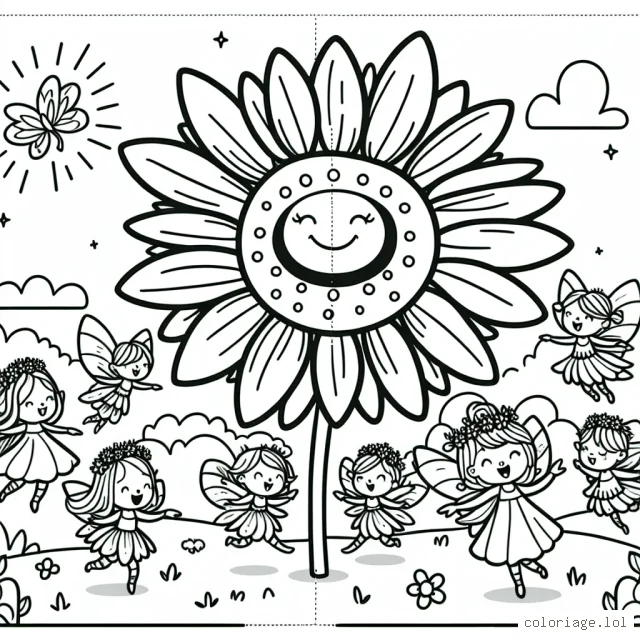 Un groupe de petites fées danse joyeusement autour d'un grand tournesol dans une prairie ensoleillée.