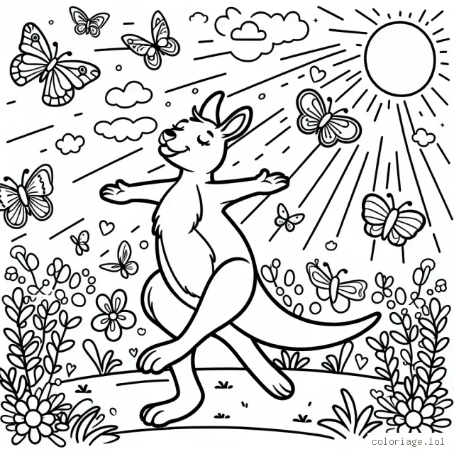 Un kangourou joyeux danse dans une prairie ensoleillée entouré de papillons colorés.