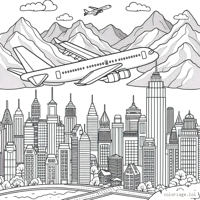 Un avion survolant une ville magnifique avec les montagnes en arrière-plan.