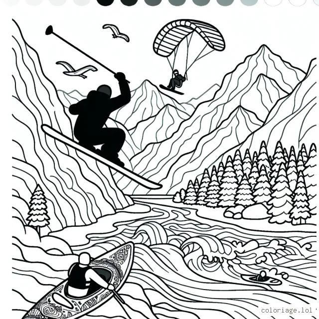 Sur une montagne escarpée, un skieur freestyle effectue un saut acrobatique mémorable avec son snowboard. Au loin, sur la rivière en contrebas, un kayakiste s'apprête à affronter des rapides tumultueux. Dans le ciel, un parapentiste évolue avec adresse entre les sommets enneigés.