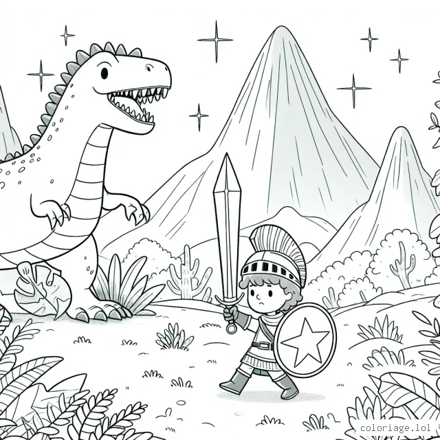 Un aventurier courageux voyage dans un royaume de dinosaures, armé d'un bouclier magique et d'une épée scintillante.