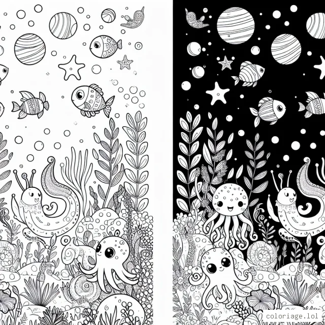 Crée un coloriage pour enfant représentant un monde sous-marin fantastique avec des animaux et des plantes imaginaires.