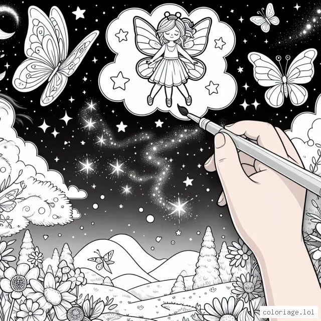 Une petite fée dessine la voie lactée dans le ciel avec sa baguette magique. Elle est entourée de papillons lumineux qui volent autour d'elle. En bas, imaginons une scène de la forêt enchantée avec des fleurs qui bougent au rythme du vent et des créatures mystérieuses qui observent avec admiration la fée.
