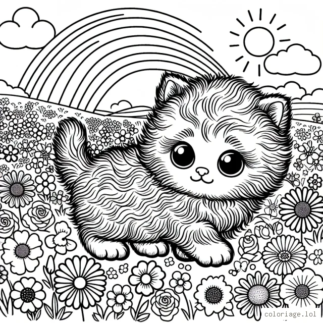 Un adorable petit chaton se balade dans une prairie fleurie. Le chaton est un peu frisé et a de grands yeux brillants. Autour de lui, il y a de nombreux types de fleurs : des roses, des tournesols, des marguerites et des coquelicots. Dans la distance, on peut voir un arc-en-ciel brillant qui s'étend à travers le ciel.