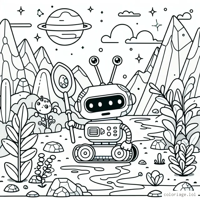 Imagine une journée passionnante d'un petit robot aux grandes antennes. Il parcourt les montagnes rocheuses, les champs vastes, les rivières sinueuses et les forêts denses sur une planète lointaine. Il a une pelle attachée à un bras et une loupe à l'autre. Il collecte des échantillons de roches, d'eau et de plantes. Il a aussi un petit compartiment pour abriter un adorable extraterrestre qu'il a sauvé.