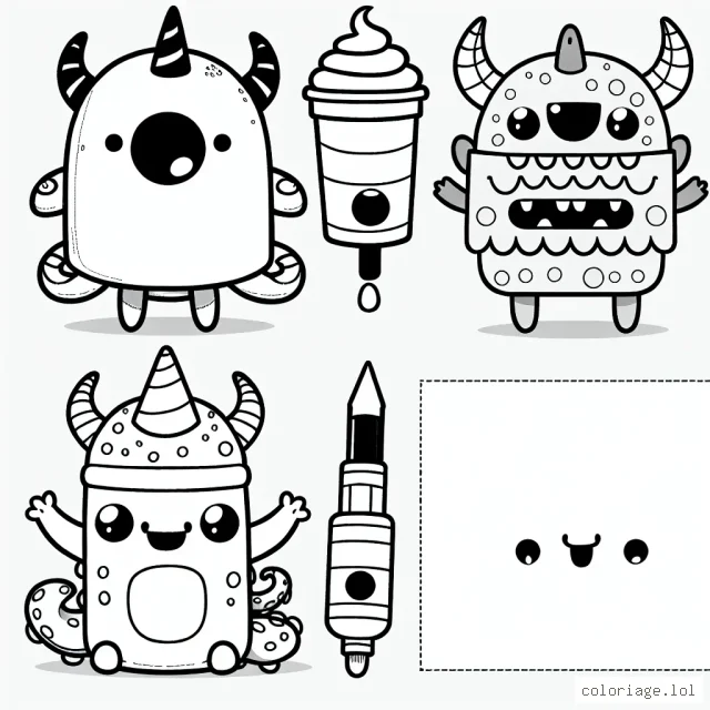 Transforme ces objets du quotidien en adorables monstres colorés pour un livre de coloriage pour enfants.