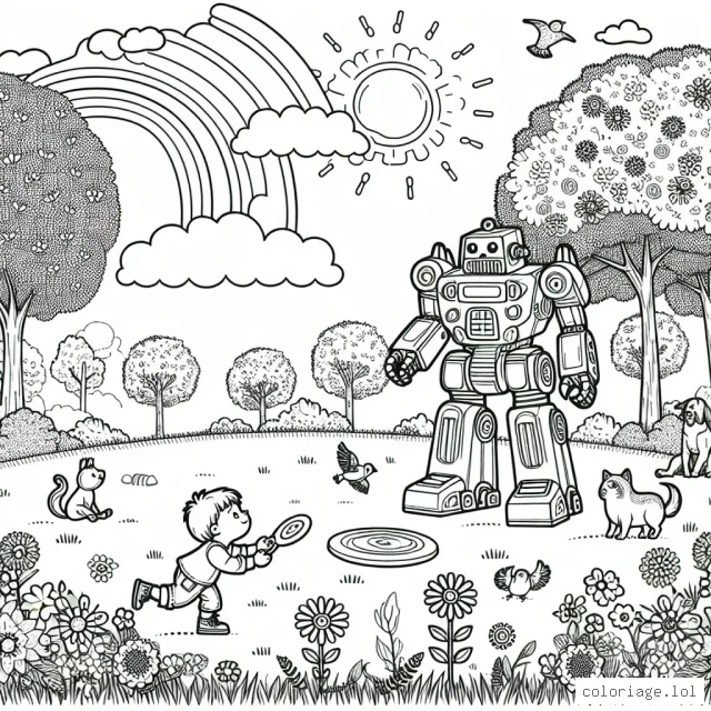 Un petit garçon joue avec son robot géant dans un parc rempli de beaux arbres et de fleurs colorées. Il y a aussi des animaux dans le parc : un petit chien qui court après un frisbee, un écureuil qui grimpe dans l'arbre et des oiseaux qui chantent sur les branches. Dans le ciel, les nuages sont accompagnés de soleil et d'un arc-en-ciel qui ajoute une touche de couleur supplémentaire à la scène.