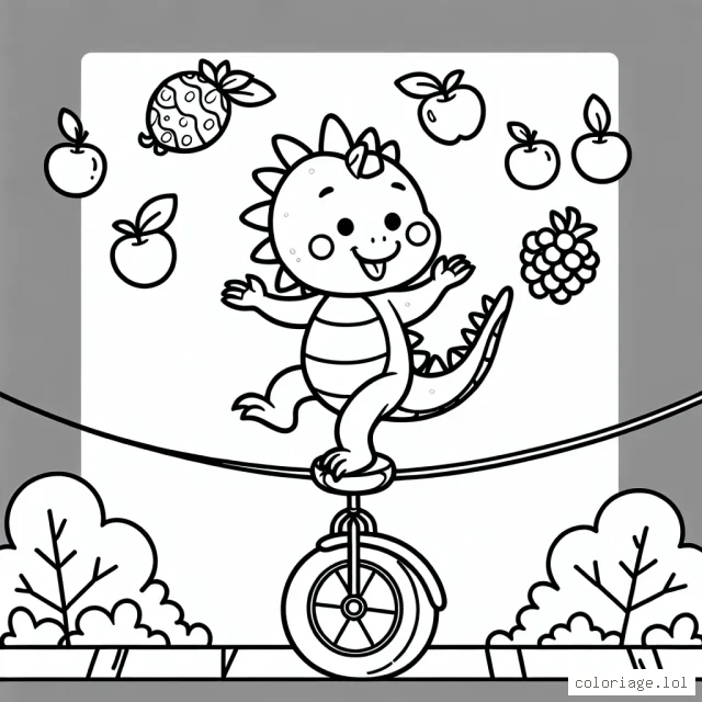 Un joyeux dragon roule sur un monocycle en équilibre sur une tightrope. Il jongle avec des fruits multicolores.