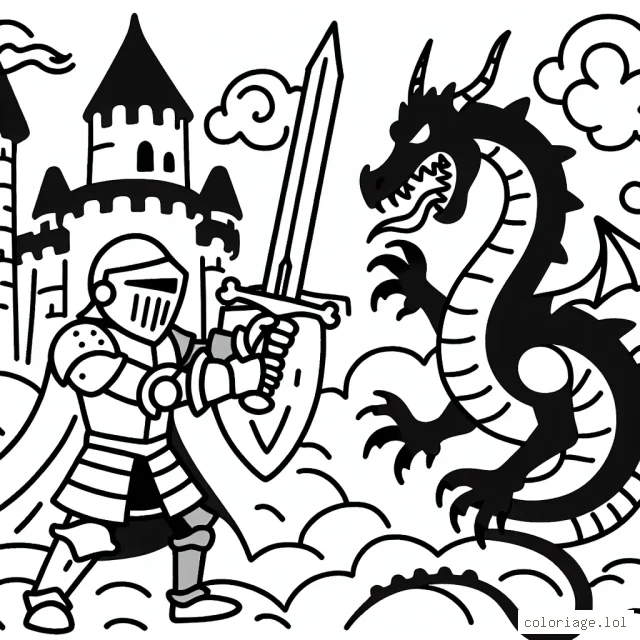 Dessin d'un chevalier courageux protégeant son château contre un dragon féroce