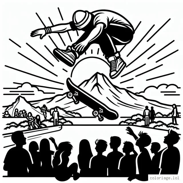 Imagine un sportif, suspendu dans les airs, en pleine action de faire un saut périlleux avec son skateboard. Une montagne se tient au loin, alors qu'un soleil éclatant brille dans le ciel. Dessine également un public émerveillé par cette performance époustouflante.