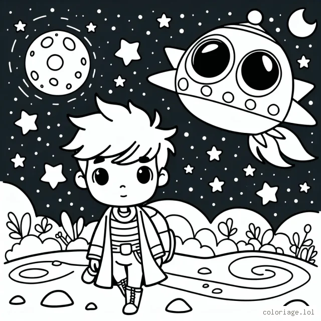 Petit prince explorant une planète mystérieuse avec son vaisseau spatial