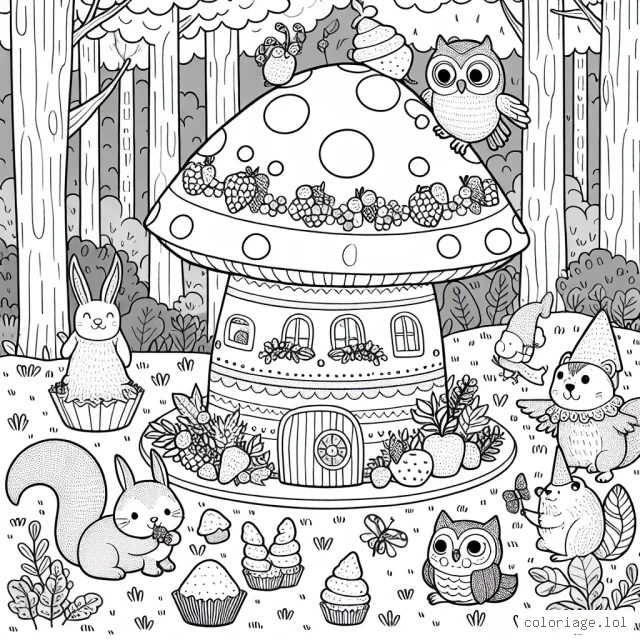 Dans une forêt enchantée, une petite maison de champignons est cachée. Autour, divers habitants de la forêt y jouent et s'amusent. Parmi eux, on trouve un écureuil, un lapin, une chouette, et même un petit lutin. Ils participent à une fête où ils partagent un énorme gâteau de baies fraîches. Aide à leur apporter de la couleur pour égayer leur journée !