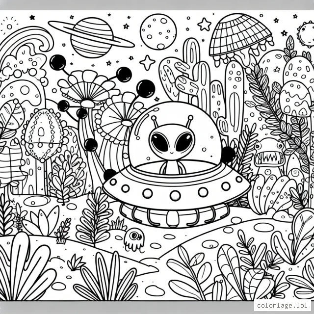 Imagine une scène dans laquelle un mignon petit extraterrestre est en train d'explorer une planète pleine de plantes exotiques colorées et d'animaux étranges. Dessine aussi son vaisseau spatial funky posé au milieu d'une forêt arc-en-ciel.