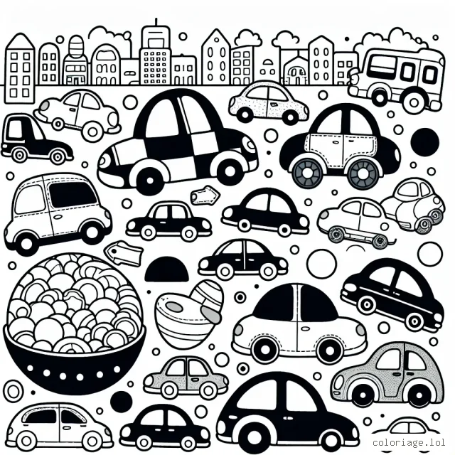 Affiche un monde rempli de voitures de différentes tailles, formes et modèles pour offrir aux enfants la chance de colorier et de s'amuser tout en stimulant leur créativité. Chaque voiture devrait avoir sa propre personnalité et au moins une caractéristique distinctive.