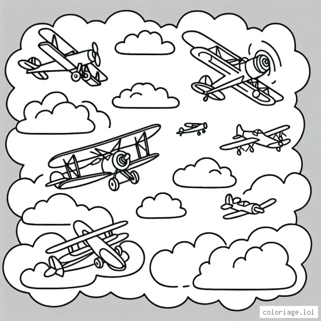 Une scène aérienne animée mettant à caractéristique des avions de différents types et époques, volant haut dans le ciel éclatant de jour, parsemé de nuages doux et moelleux.