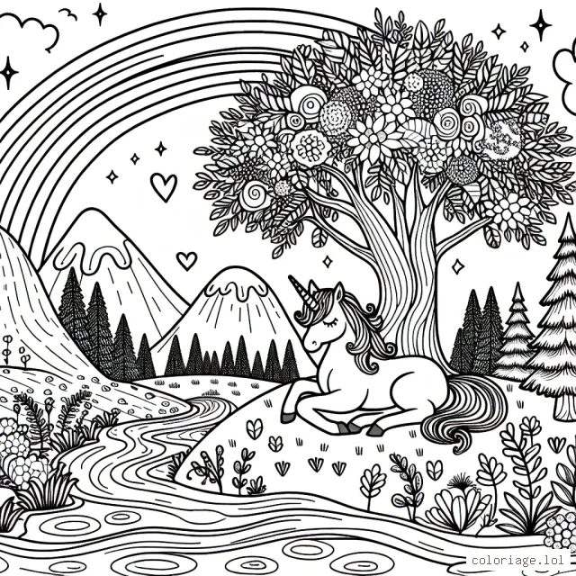 Un paysage féérique avec une licorne se reposant sous un arc-en-ciel