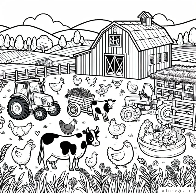 Une vue panoramique d'une ferme avec des animaux, des tracteurs, des granges et des champs, tout droit sortis d'un conte pour enfants.