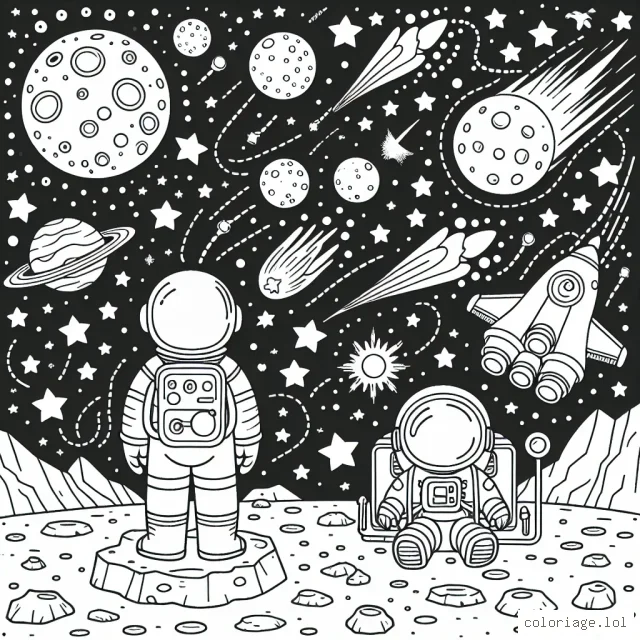 Une grande aventure spatiale montre un astronaute courageux qui se tient debout sur un rocher de lune regardant une galaxie colorée tandis que des comètes et des étoiles filantes passent. Son vaisseau spatial est garé juste à côté. Plusieurs planètes colorées sont visibles en arrière-plan.