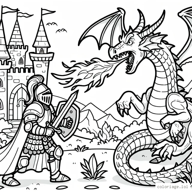 Un brave chevalier défendant son château contre un dragon cracheur de feu