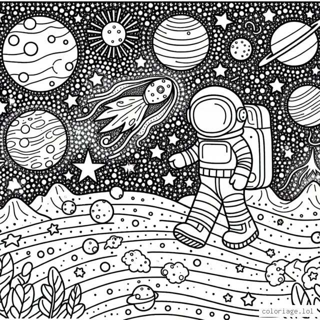 Une image à colorier où un astronaute courageux traverse un paysage spatial riche en détails, parsemé de planètes, d'étoiles et de comètes.