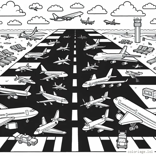 Un assortiment d'avions se prépare pour le décollage sur une grande piste vibrant de l'énergie du décollage. Il y a des avions de ligne, des jets privés, des avions de chasse et des avions de voltige aérienne. Le ciel est parsemé de nuages ​​duveteux et la tour de contrôle se dresse au loin, surveillant toutes les activités. Les enfants sont encouragés à utiliser une variété de couleurs pour mettre de la vie dans cette scène animée d'aéroport.