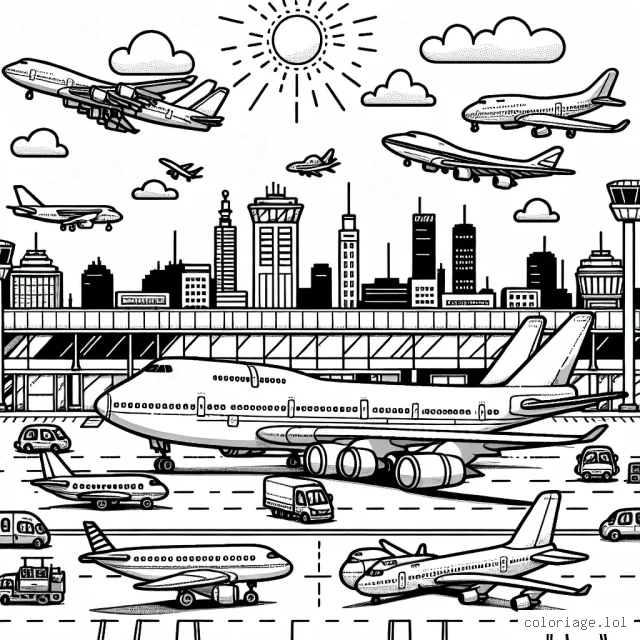 C'est une belle journée au sein de l'aéroport international pour nos avions. Autour, plusieurs types d'avions attendent leur tour pour décoller, partant pour des destinations lointaines. Certains sont gros porteurs, d'autres avions de voyage classiques, d'autres encore des jets privés. Ils sont tous uniques avec leurs propres détails. À chaque enfant d'imaginer et colorier son propre univers d'aviation!