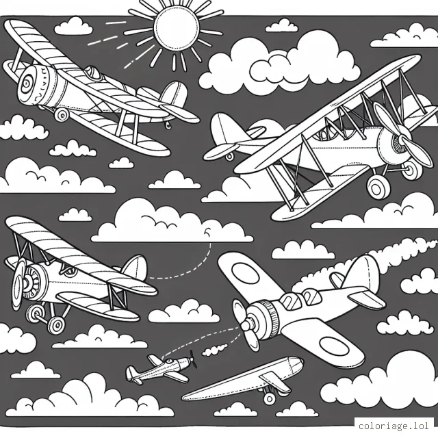 Une scène représentant plusieurs types d'avions volant dans le ciel : du biplan ancien au jet moderne, avec des nuages dispersés à colorier et un soleil brillant à l'horizon.