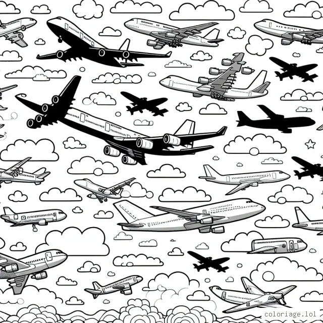 Imaginons un scénario fantastique où plusieurs types d'avions volent dans un ciel dégagé. Sur la page de coloriage, il y a divers types d'avions, allant des avions à réaction modernes aux avions à hélice classiques, des avions de chasse aux avions de transport. Chaque avion a un design unique à colorier.