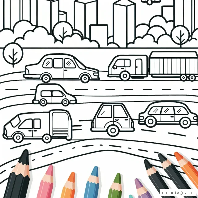 Dessine une scène animée avec différentes voitures se déplaçant sur une autoroute, montrant une variété de modèles et de couleurs.