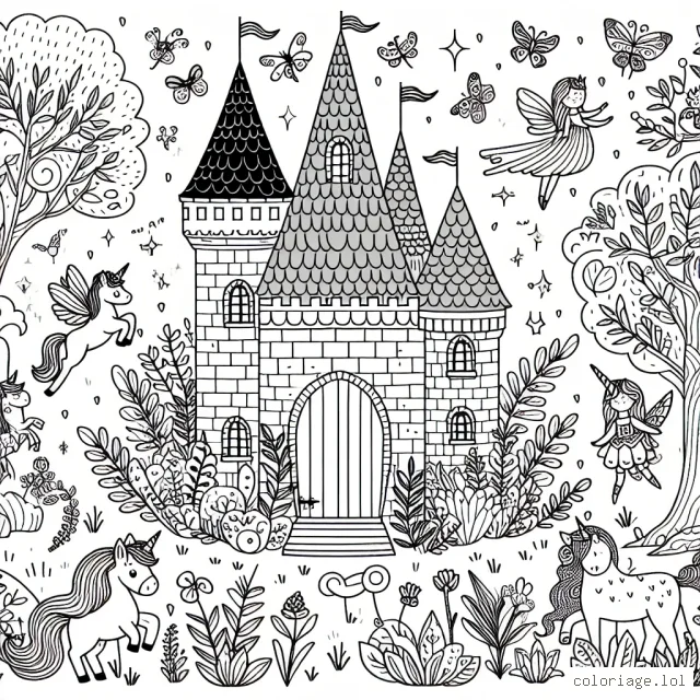 Un château de conte de fées entouré d'une belle forêt enchantée peuplée de créatures charmantes comme des licornes, des fées, des oiseaux chanteurs et des fleurs dansantes.