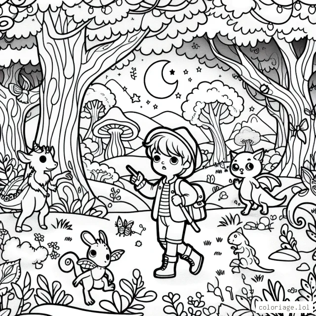 Un petit garçon explorateur dans une forêt magique peuplée de créatures fantastiques