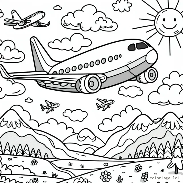 Imagine un avion survolant un beau paysage, avec des montagnes et des nuages autour. L'avion est grand et détaillé, avec des fenêtres, des ailes et même le pilote visible à travers le cockpit. Il est accompagné d'autres petits avions dans le ciel. Il y a aussi un soleil souriant dans le ciel.
