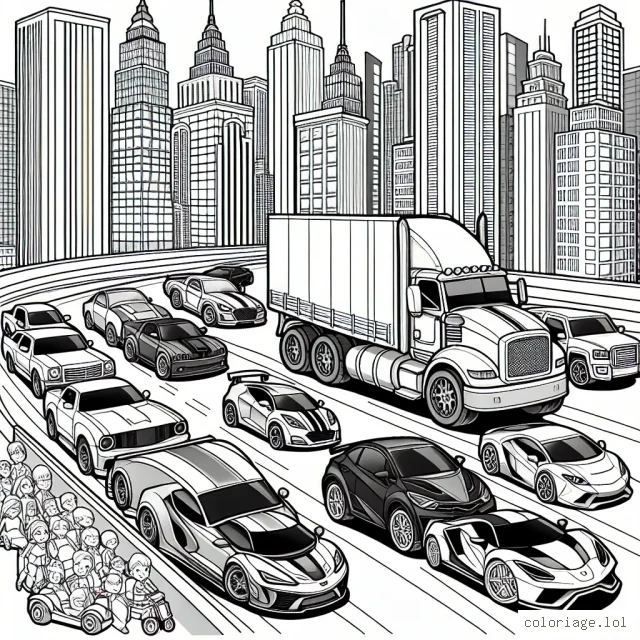 Des voitures de différentes formes et tailles se préparent pour une grande course dans la ville animée. Il y a des voitures de sport élégantes, des camions énormes, des petites voitures colorées et même des voitures anciennes ! Les buildings se dressent au fond, tandis que des fans excités se rassemblent pour voir le show. Il est temps de donner vie à cette scène épique avec des couleurs vives et excitantes.